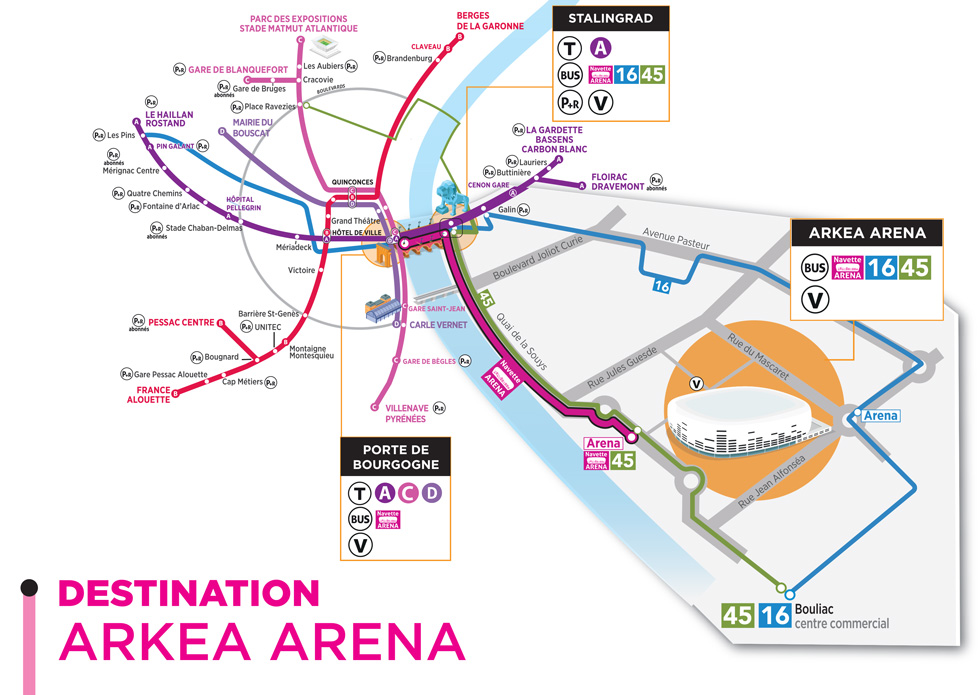 Plan d'accès à Arkea Arena avec TBM