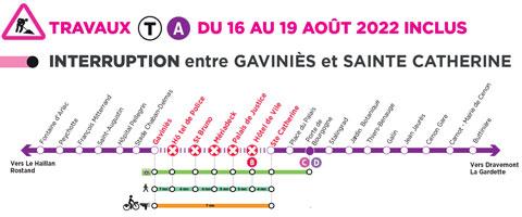 Travaux Tram A du 16/08 au 19/08 inclus : interruption entre les stations Gaviniès et Ste Catherine